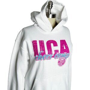 UCA Cheer Camp Gildan Sweatshirt Womens Size S White Pink Fleece Lined Hoodie